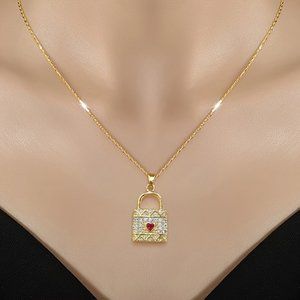 Sparking Copper Necklace With Zircon Red Heart Lock Pendant